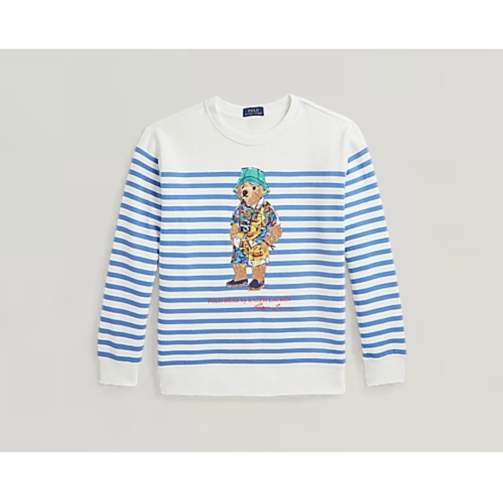 Polo Ralph Lauren Kids Polo Bear Striped Fleece Sweatshirt Blue White L 14-16